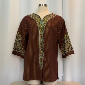 Bob Mackie Wearable Art Brown Metallic Gold Embroidered Tunic Blouse Women Sz M